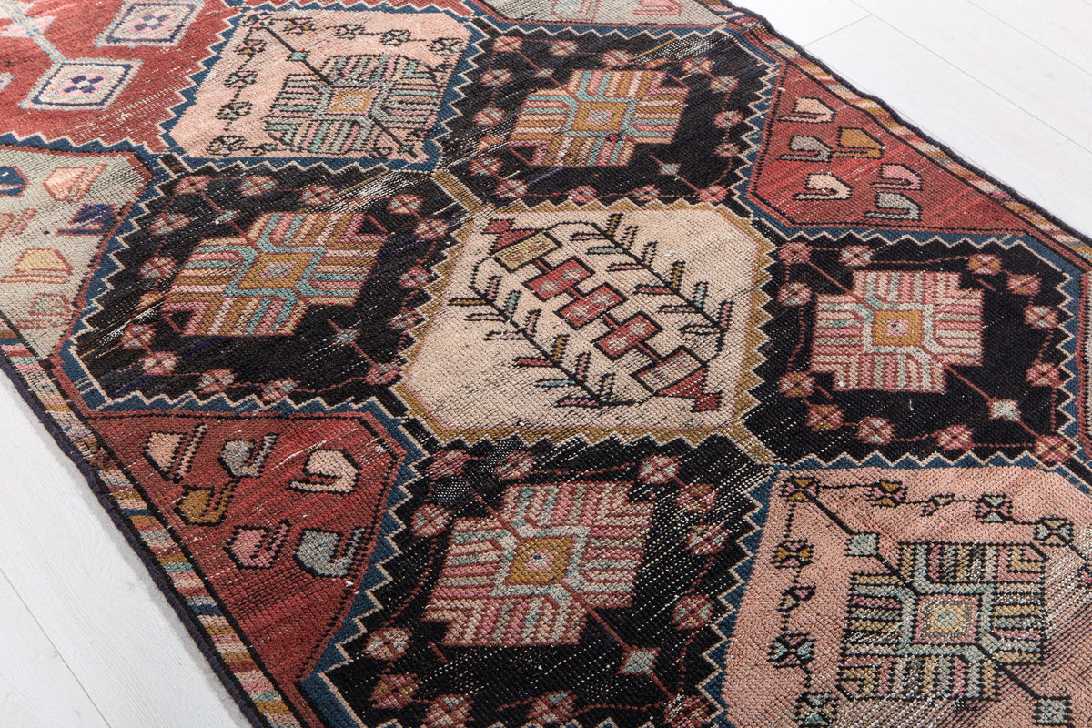 Antique Red, Navy Blue & Pink Hand-Knotted Wool Rug – 7' 11" x 3' 10" (242 x 118 cm)