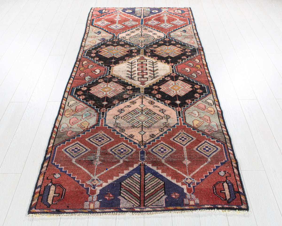 Antique Red, Navy Blue & Pink Hand-Knotted Wool Rug – 7' 11" x 3' 10" (242 x 118 cm)
