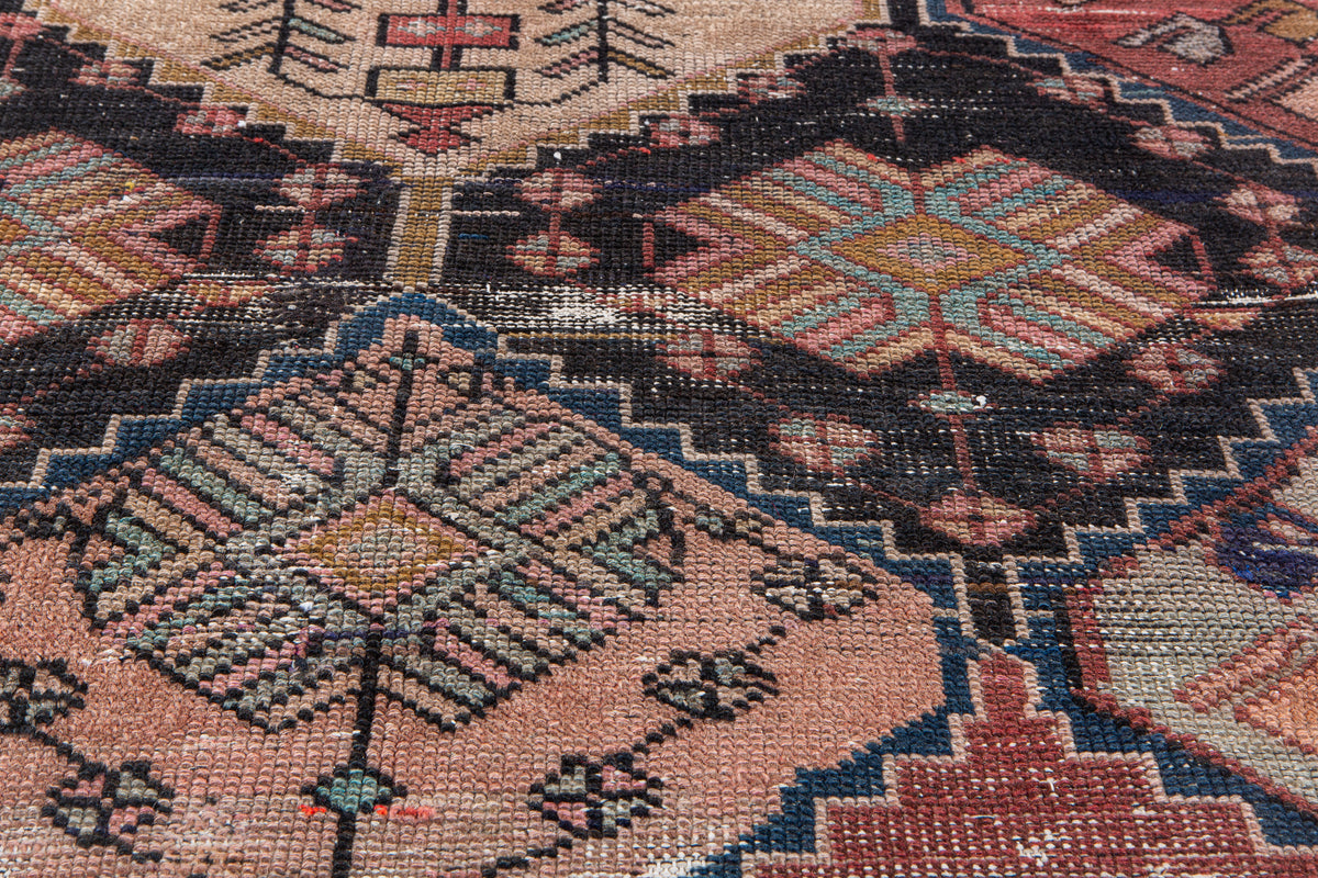Antique Red, Navy Blue & Pink Hand-Knotted Wool Rug – 7' 11" x 3' 10" (242 x 118 cm)