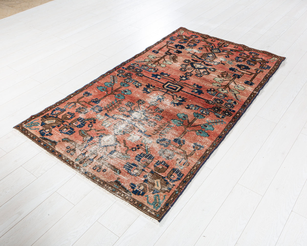 Antique Coral Red Hand-Knotted Wool Rug – 6' 4" x 3' 7" (192 x 109 cm)