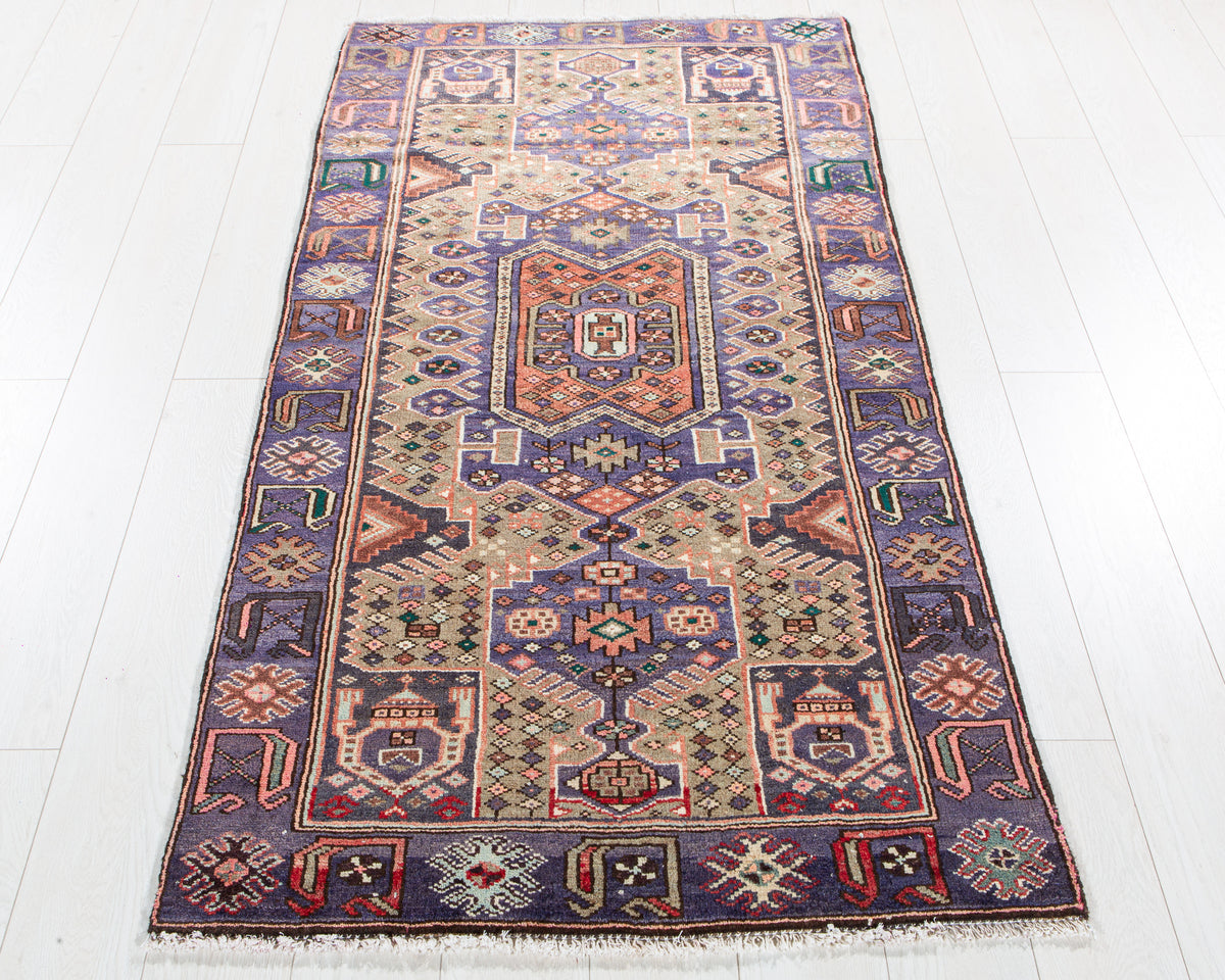 Vintage Brown & Purple Hand-Knotted Wool Rug – 6' 0" x 3' 1" (183 x 94 cm)