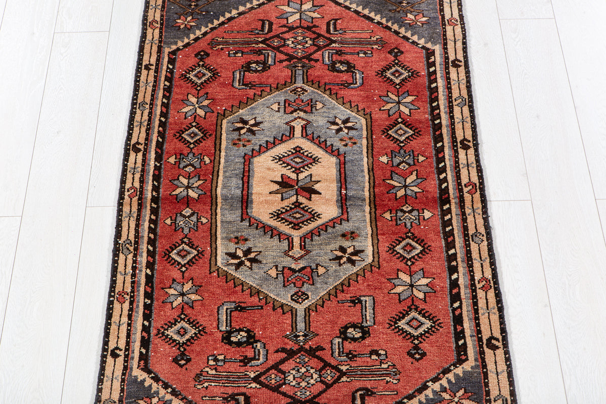 Vintage Red & Blue Hand-Knotted Wool Rug – 5' 10" x 2' 9" (179 x 84 cm)