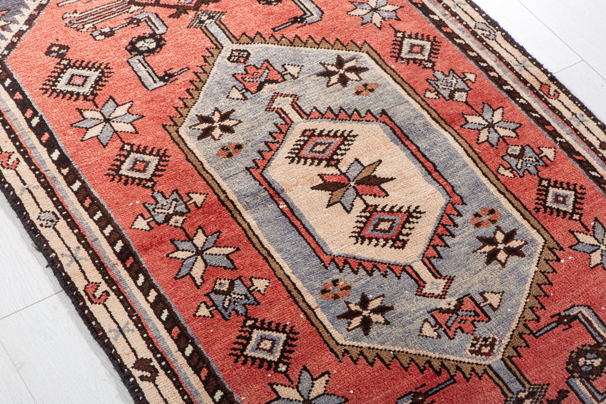 Vintage Red & Blue Hand-Knotted Wool Rug – 5' 10" x 2' 9" (179 x 84 cm)