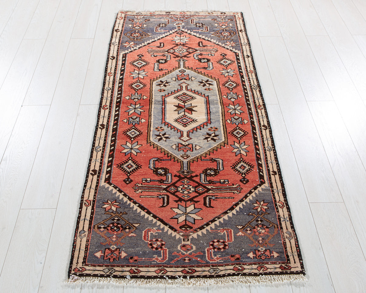 Vintage Red & Blue Hand-Knotted Wool Rug – 5' 10" x 2' 9" (179 x 84 cm)