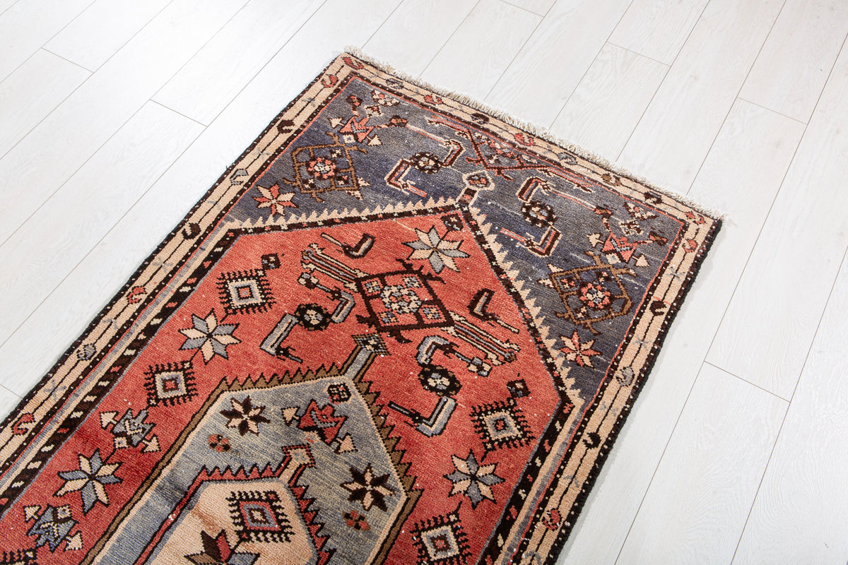 Vintage Red & Blue Hand-Knotted Wool Rug – 5' 10" x 2' 9" (179 x 84 cm)