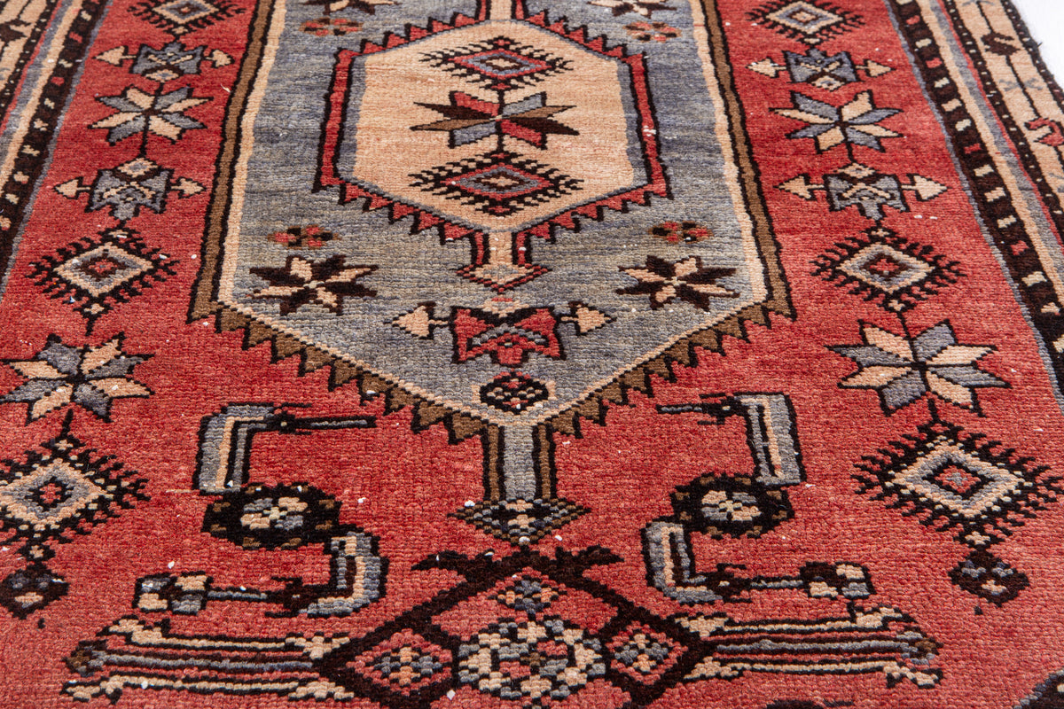 Vintage Red & Blue Hand-Knotted Wool Rug – 5' 10" x 2' 9" (179 x 84 cm)
