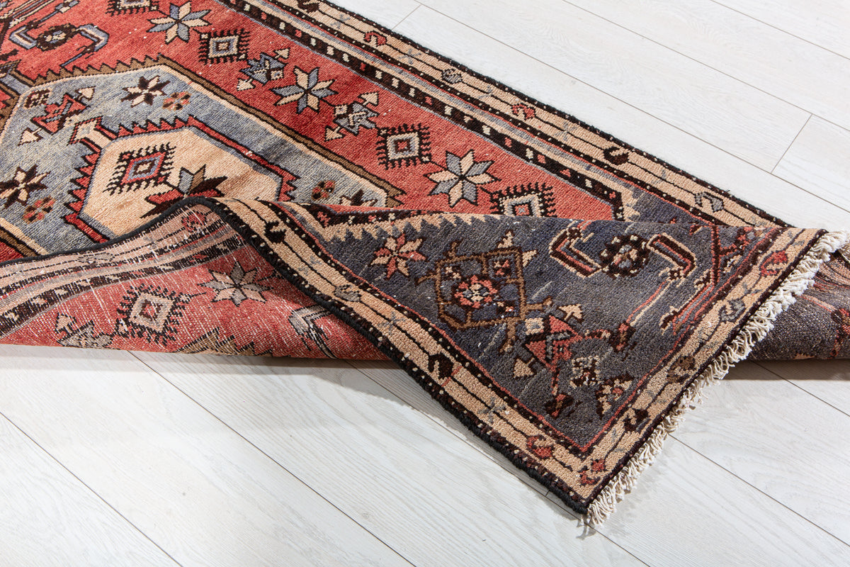 Vintage Red & Blue Hand-Knotted Wool Rug – 5' 10" x 2' 9" (179 x 84 cm)