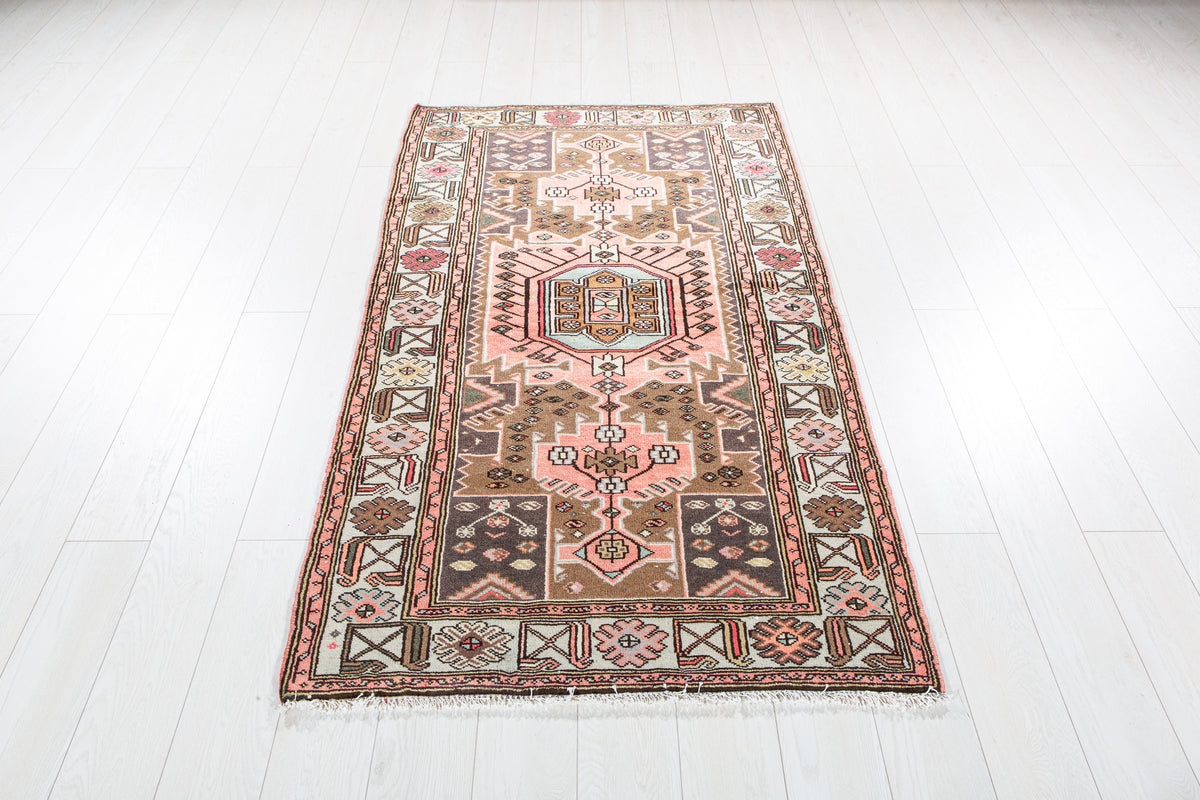Vintage Brown & Blue Hand-Knotted Wool Rug – 6' 0" x 3' 4" (182 x 102 cm)