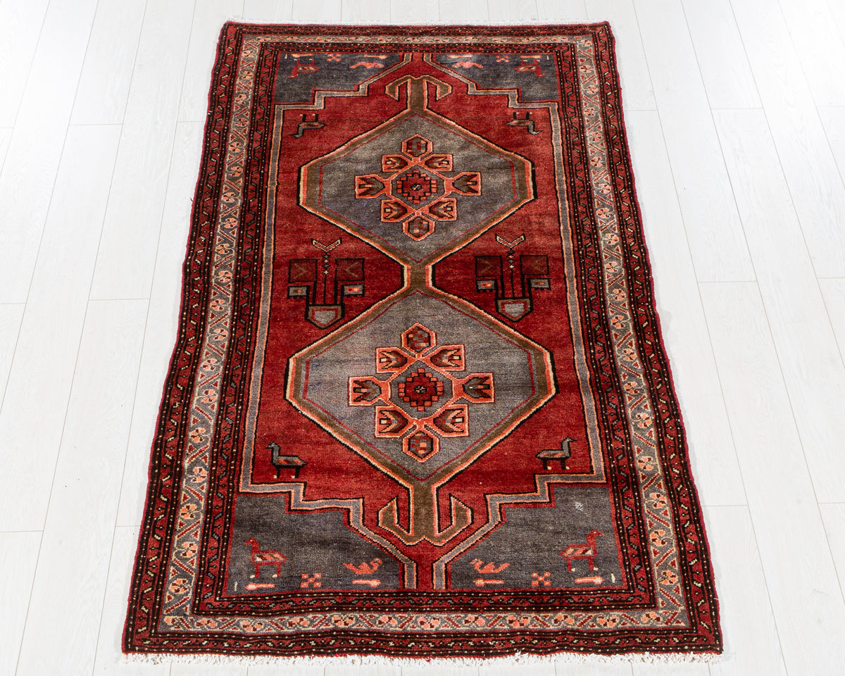 Vintage Red & Blue Hand-Knotted Wool Rug – 6' 3" x 3' 8" (190 x 113 cm)