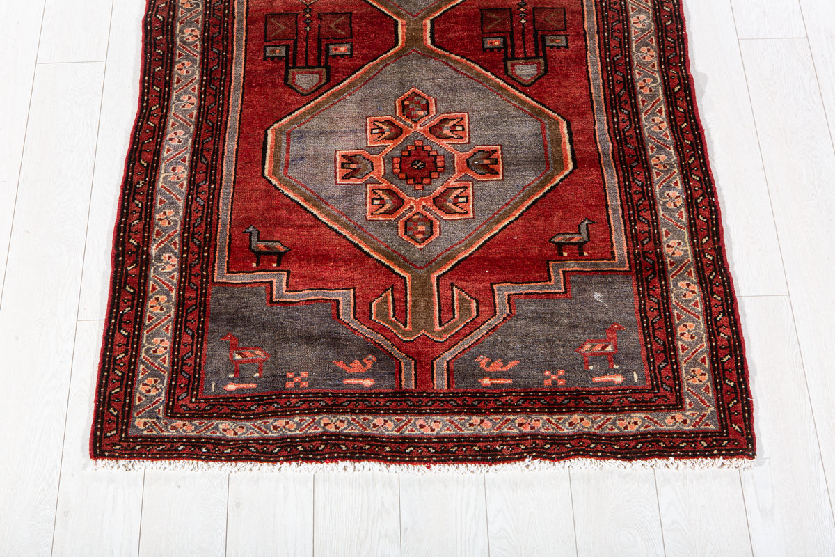 Vintage Red & Blue Hand-Knotted Wool Rug – 6' 3" x 3' 8" (190 x 113 cm)