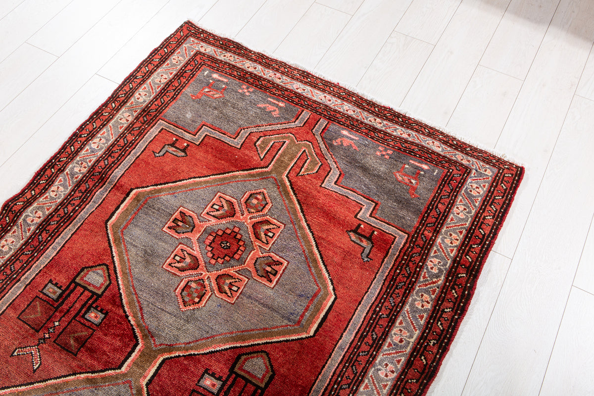 Vintage Red & Blue Hand-Knotted Wool Rug – 6' 3" x 3' 8" (190 x 113 cm)