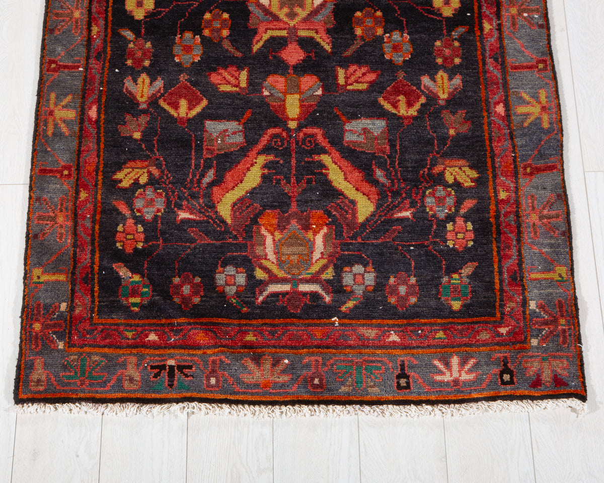 Vintage Deep Navy Blue, Pink & Yellow Hand-Knotted Wool Rug – 6' 11" x 3' 3" (210 x 98 cm)