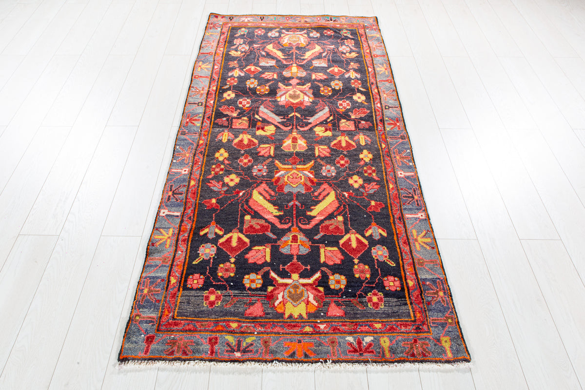 Vintage Deep Navy Blue, Pink & Yellow Hand-Knotted Wool Rug – 6' 11" x 3' 3" (210 x 98 cm)