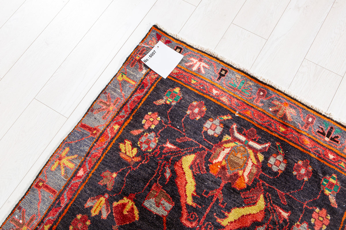 Vintage Deep Navy Blue, Pink & Yellow Hand-Knotted Wool Rug – 6' 11" x 3' 3" (210 x 98 cm)