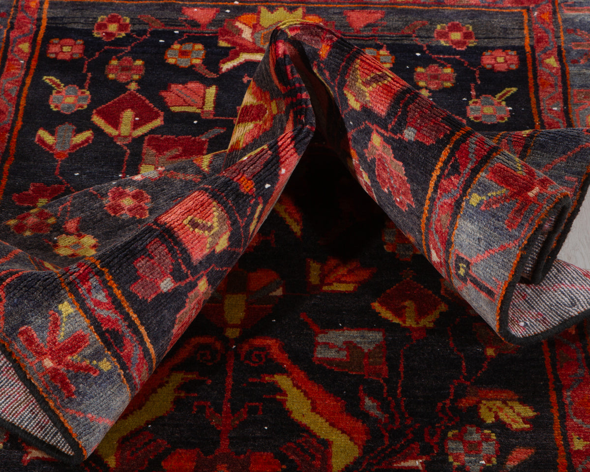 Vintage Deep Navy Blue, Pink & Yellow Hand-Knotted Wool Rug – 6' 11" x 3' 3" (210 x 98 cm)