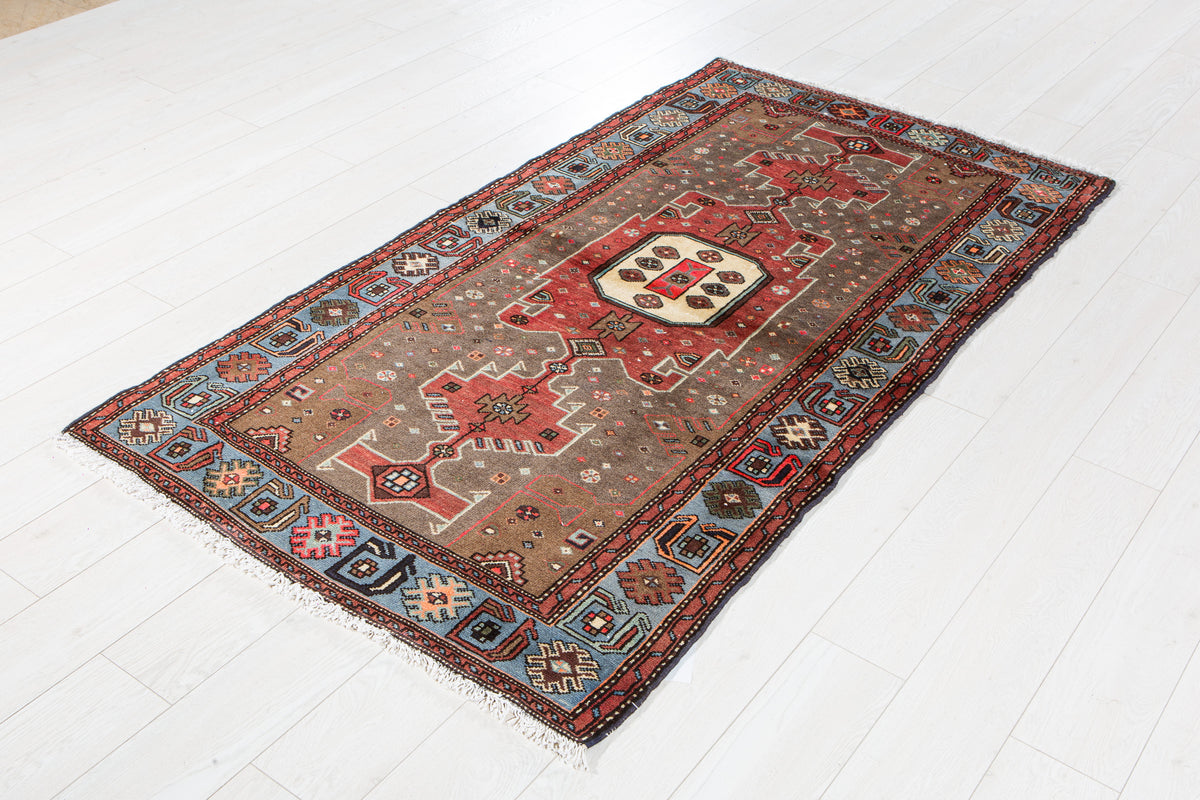 Vintage Greyish Black, Red & Blue Hand-Knotted Wool Rug – 6' 5" x 3' 5" (195 x 105 cm)