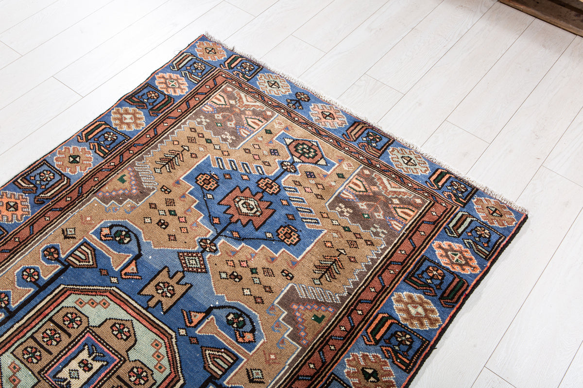 Vintage Brown & Blue Hand-Knotted Wool Rug – 6' 6" x 3' 7" (197 x 109 cm)