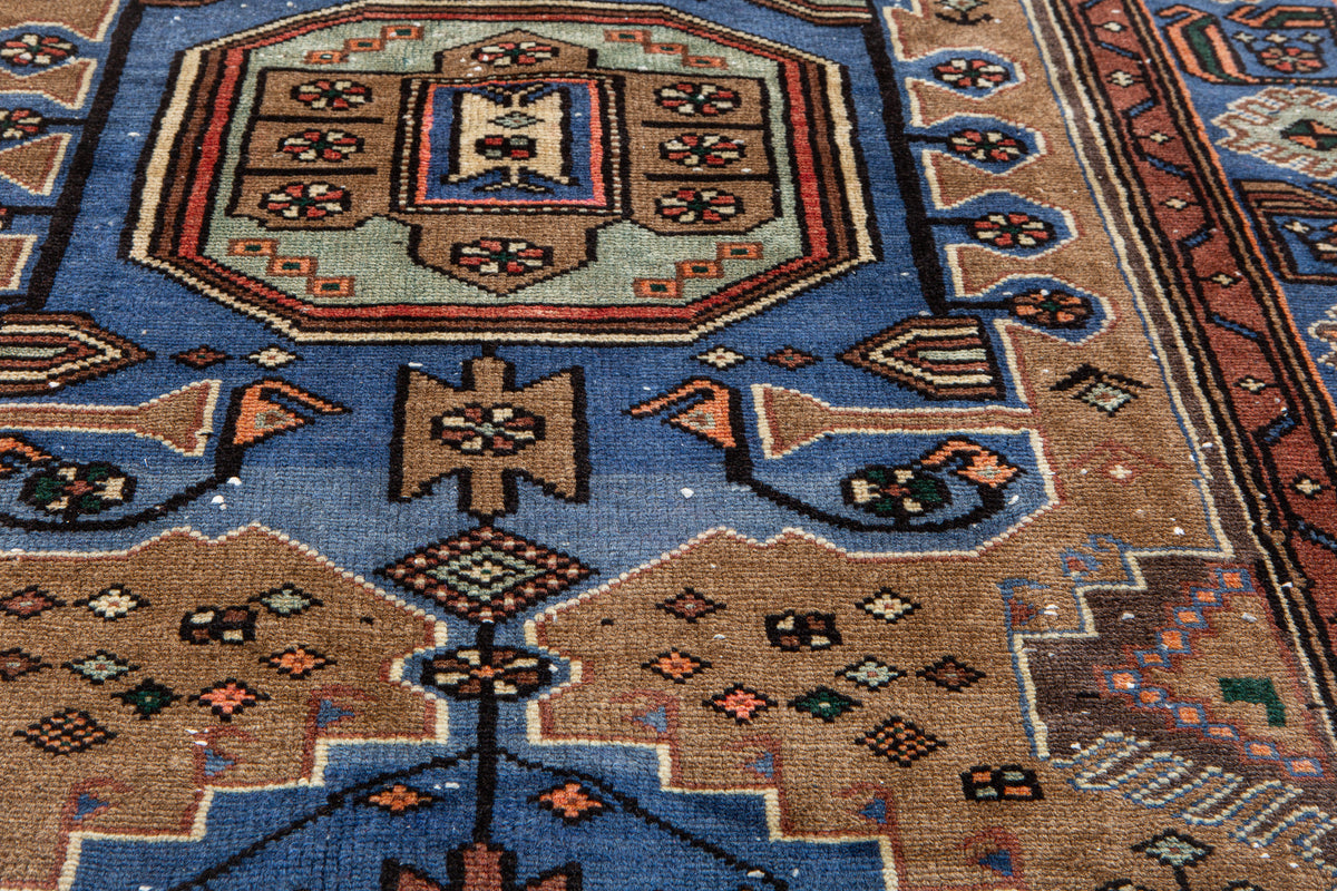 Vintage Brown & Blue Hand-Knotted Wool Rug – 6' 6" x 3' 7" (197 x 109 cm)