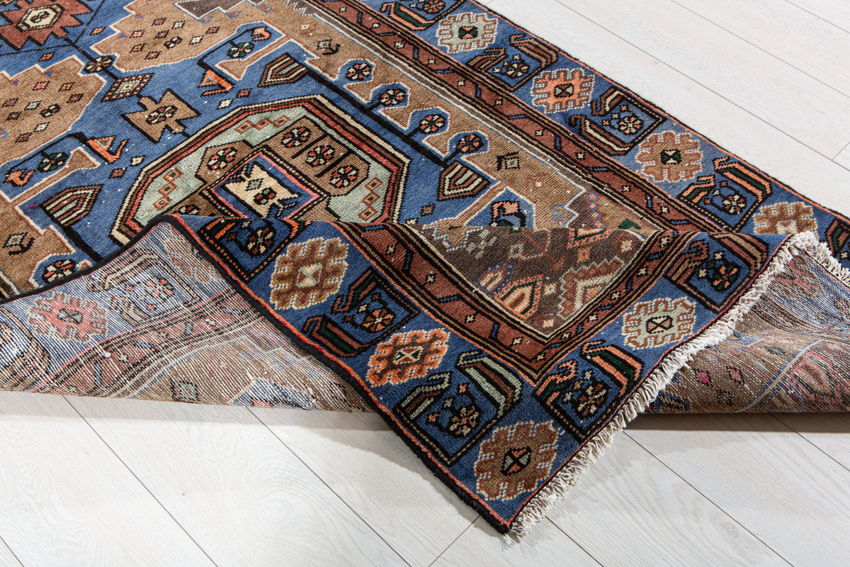 Vintage Brown & Blue Hand-Knotted Wool Rug – 6' 6" x 3' 7" (197 x 109 cm)