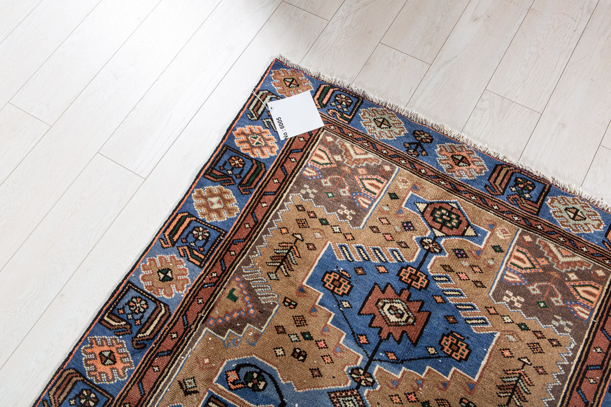 Vintage Brown & Blue Hand-Knotted Wool Rug – 6' 6" x 3' 7" (197 x 109 cm)