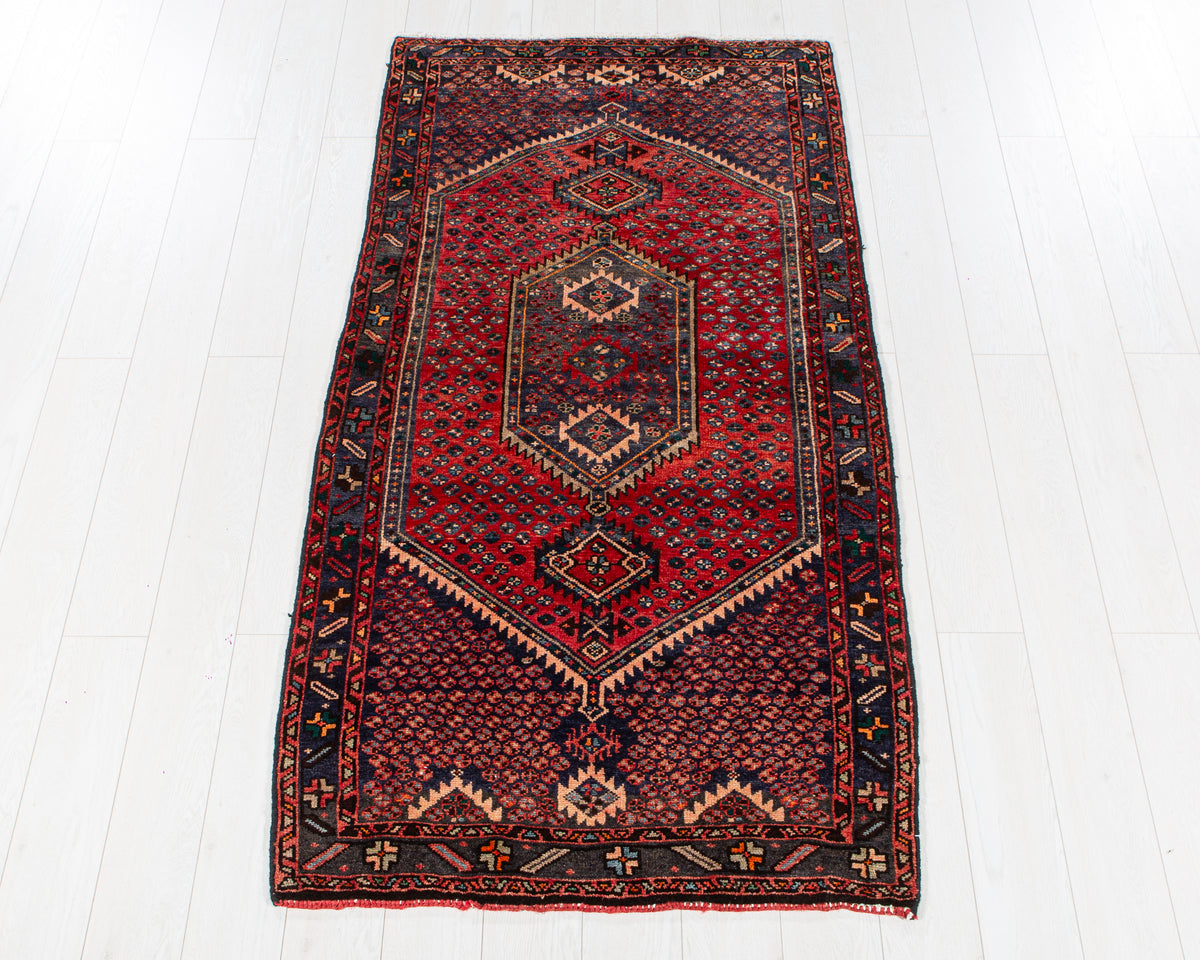 Vintage Red & Navy Blue Hand-Knotted Wool Rug – 6' 6" x 3' 4" (198 x 102 cm)