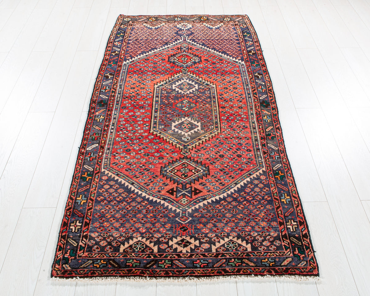 Vintage Red & Navy Blue Hand-Knotted Wool Rug – 6' 6" x 3' 4" (198 x 102 cm)
