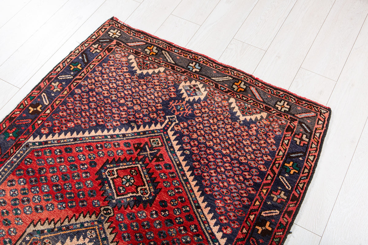 Vintage Red & Navy Blue Hand-Knotted Wool Rug – 6' 6" x 3' 4" (198 x 102 cm)