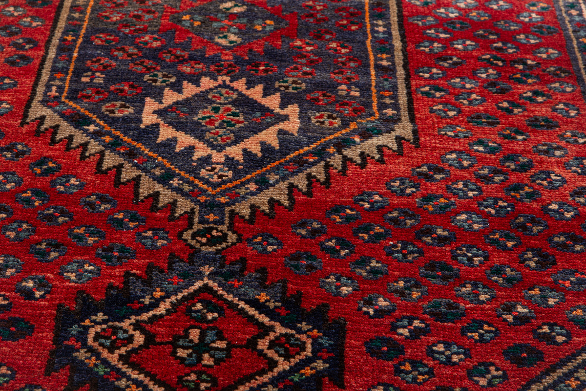 Vintage Red & Navy Blue Hand-Knotted Wool Rug – 6' 6" x 3' 4" (198 x 102 cm)