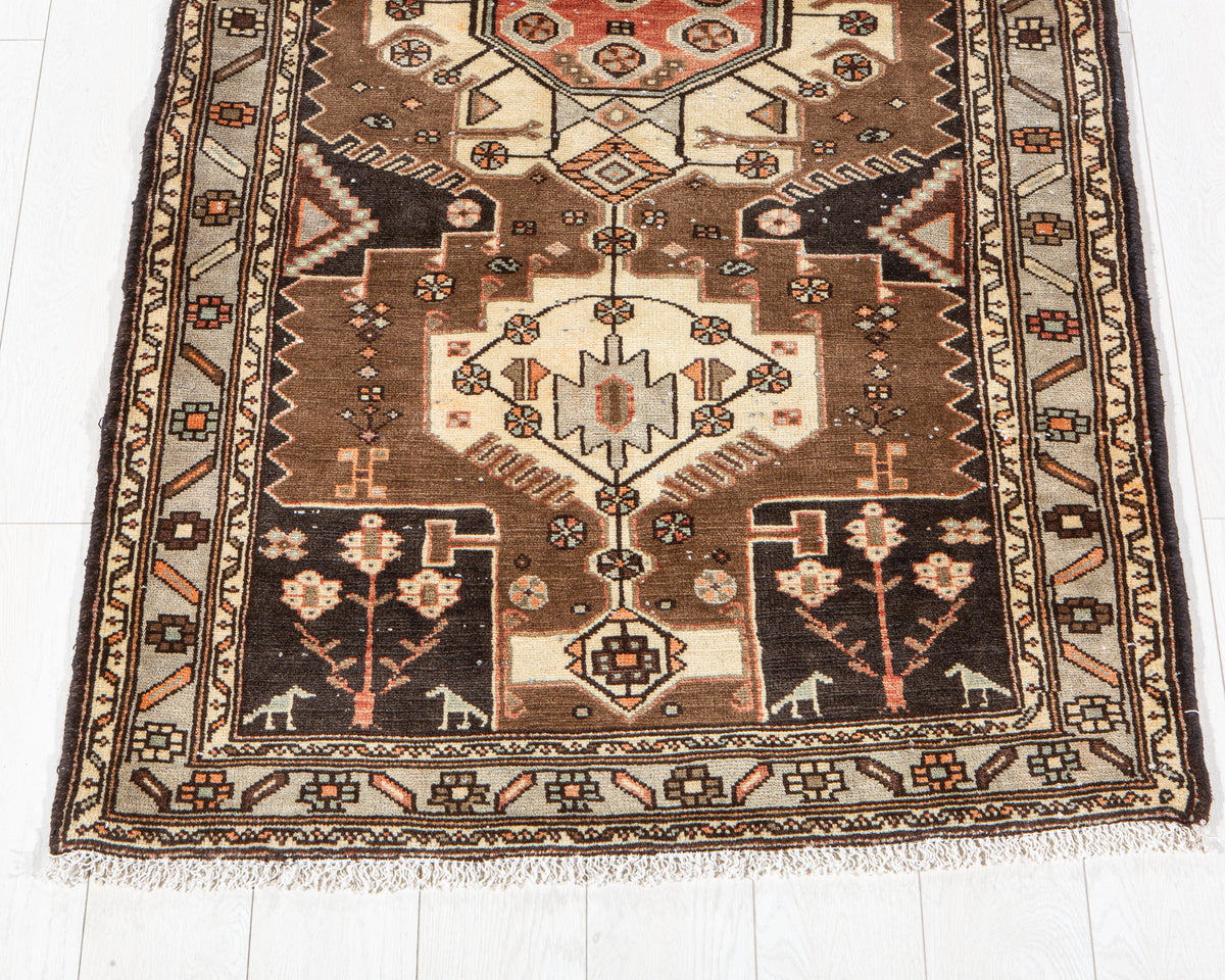 Vintage Brown & Light Blue Hand-Knotted Wool Rug – 6' 7" x 3' 4" (201 x 101 cm)