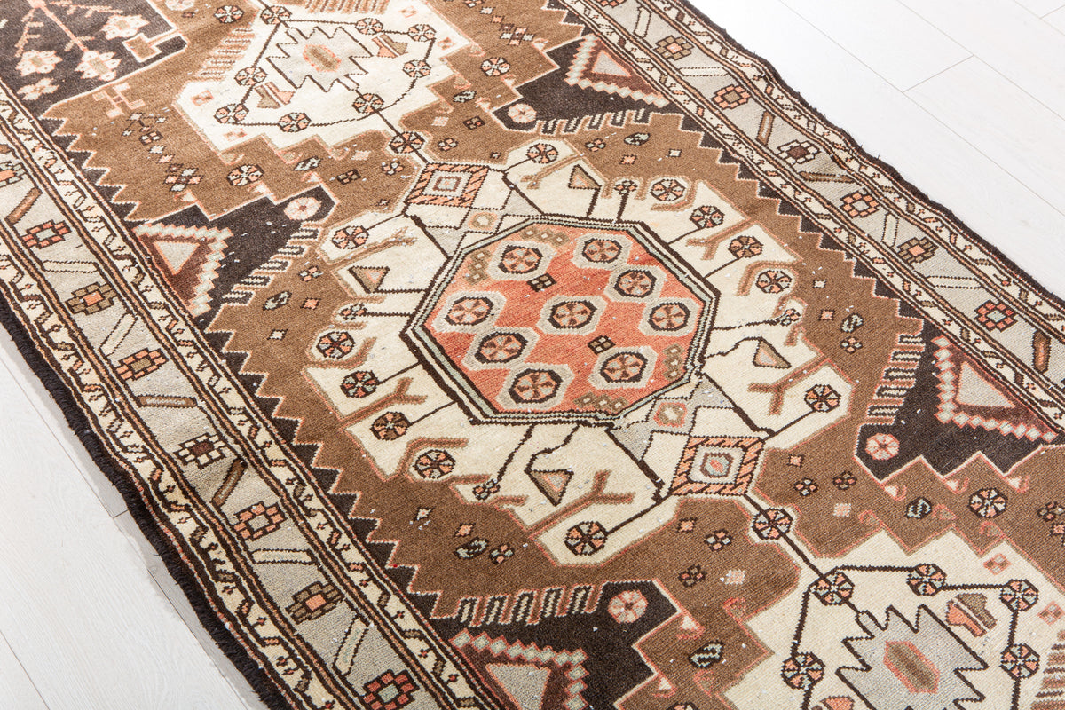 Vintage Brown & Light Blue Hand-Knotted Wool Rug – 6' 7" x 3' 4" (201 x 101 cm)