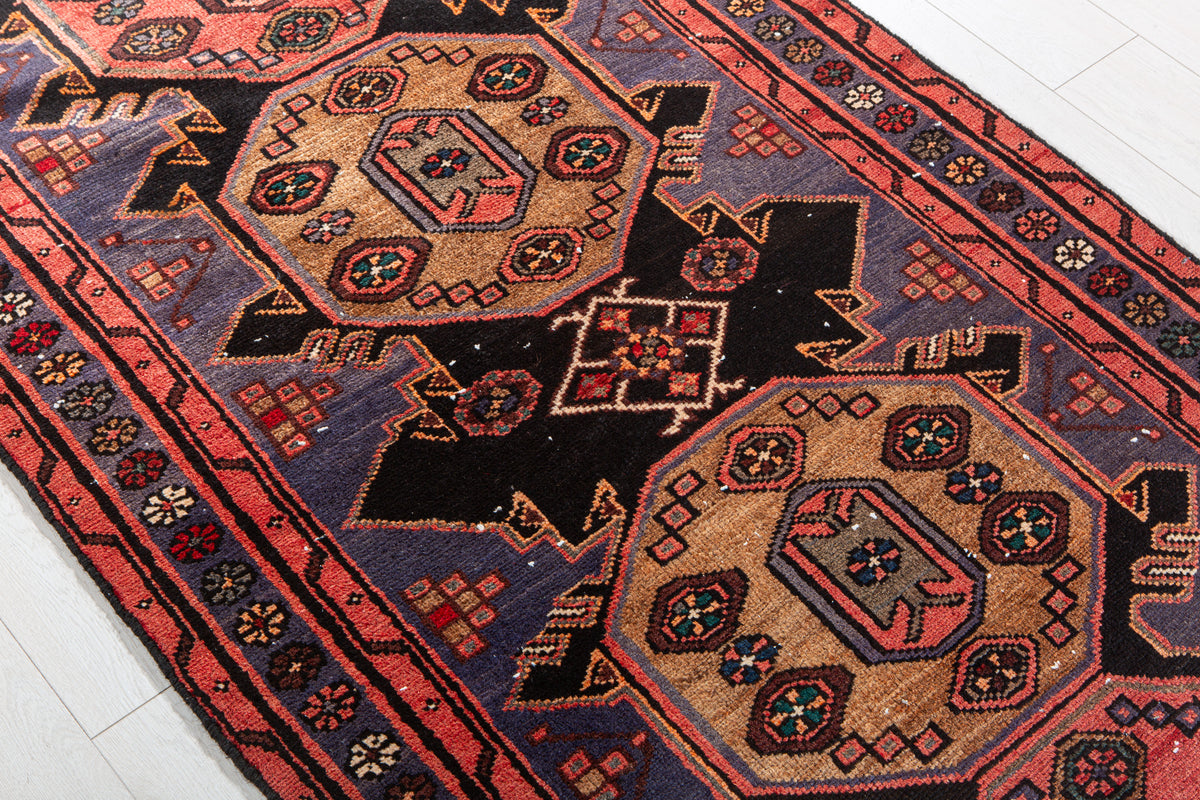 Vintage Red & Navy Blue Hand-Knotted Wool Rug – 6' 6" x 3' 4" (199 x 101 cm)