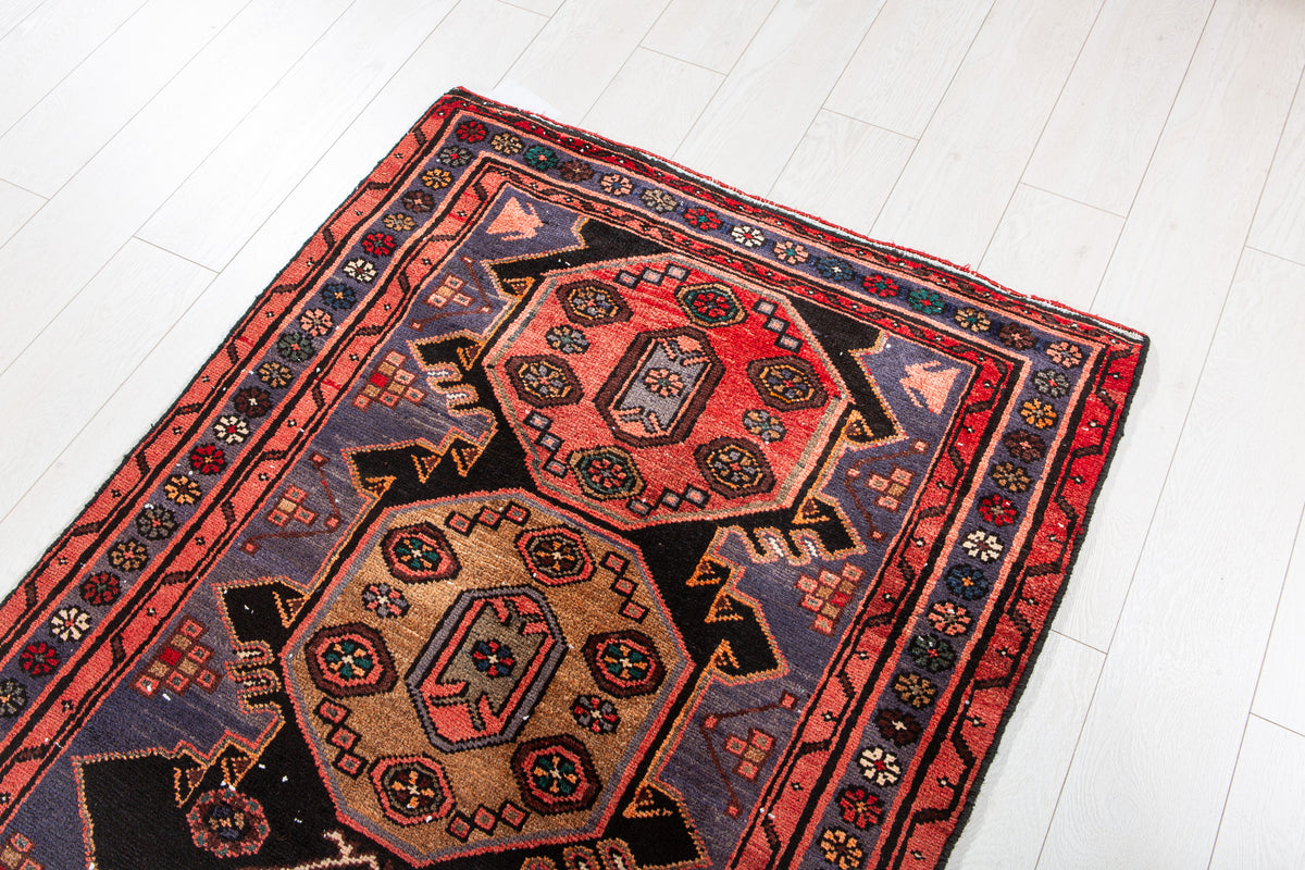 Vintage Red & Navy Blue Hand-Knotted Wool Rug – 6' 6" x 3' 4" (199 x 101 cm)