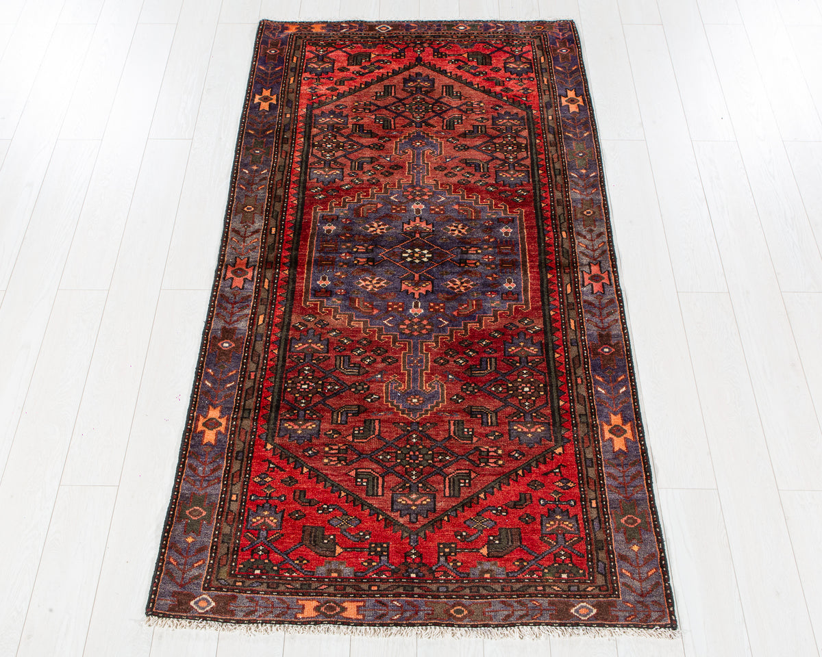 Vintage Rust Red & Navy Blue Hand-Knotted Wool Rug – 7' 1" x 3' 9" (215 x 115 cm)