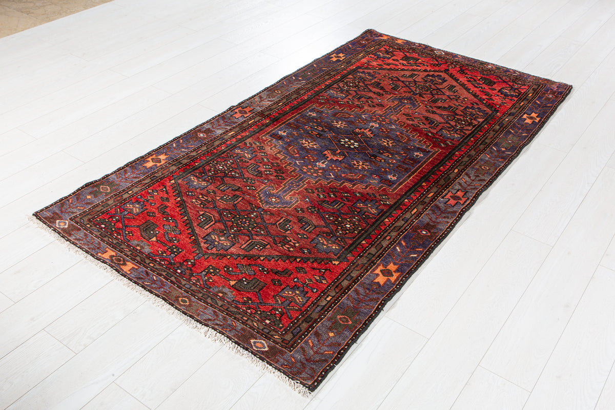 Vintage Rust Red & Navy Blue Hand-Knotted Wool Rug – 7' 1" x 3' 9" (215 x 115 cm)