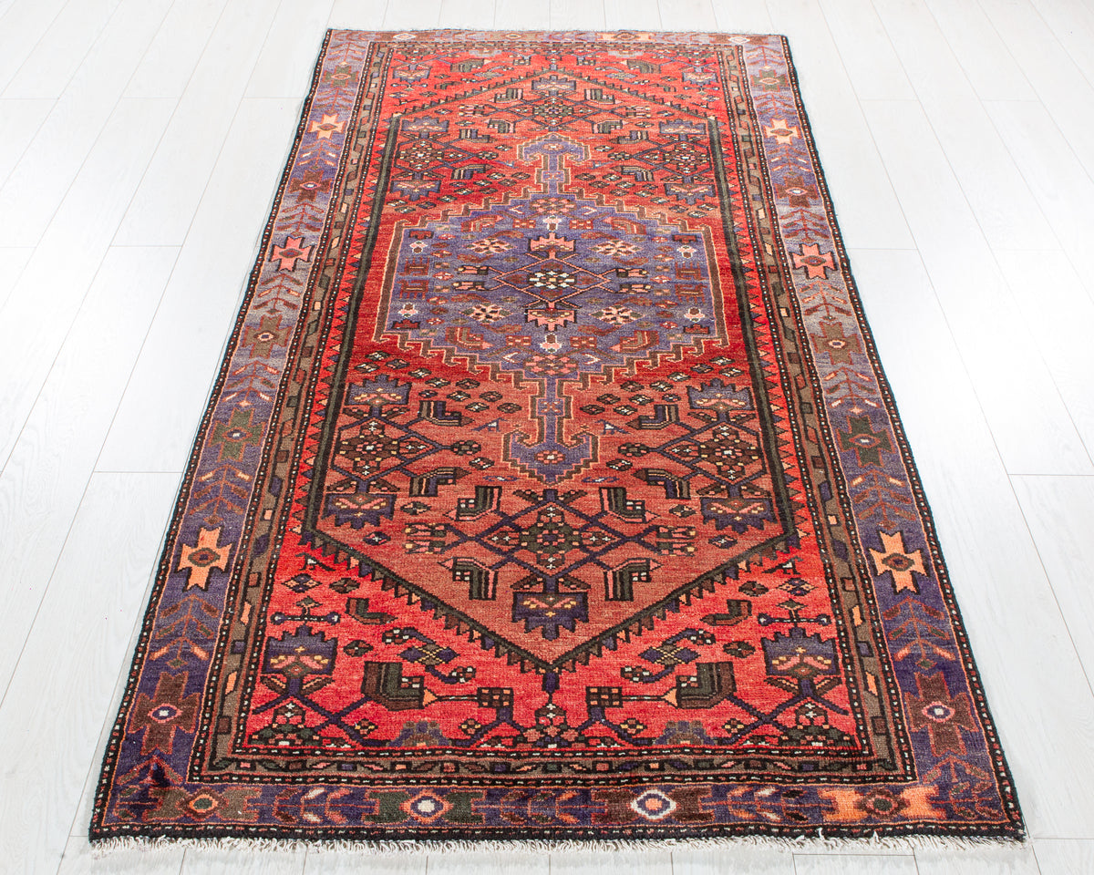 Vintage Rust Red & Navy Blue Hand-Knotted Wool Rug – 7' 1" x 3' 9" (215 x 115 cm)