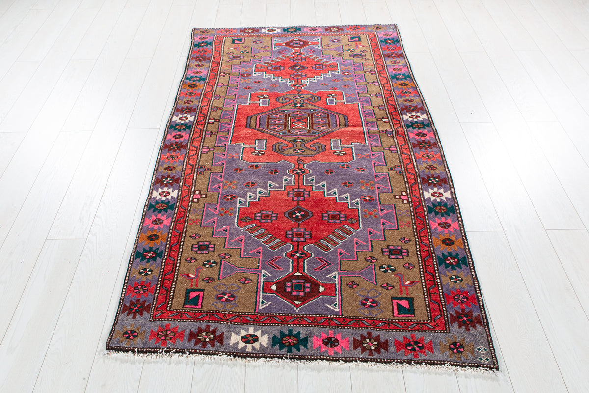 Vintage Purple, Red & Brown Hand-Knotted Wool Rug – 6' 5" x 3' 10" (196 x 116 cm)