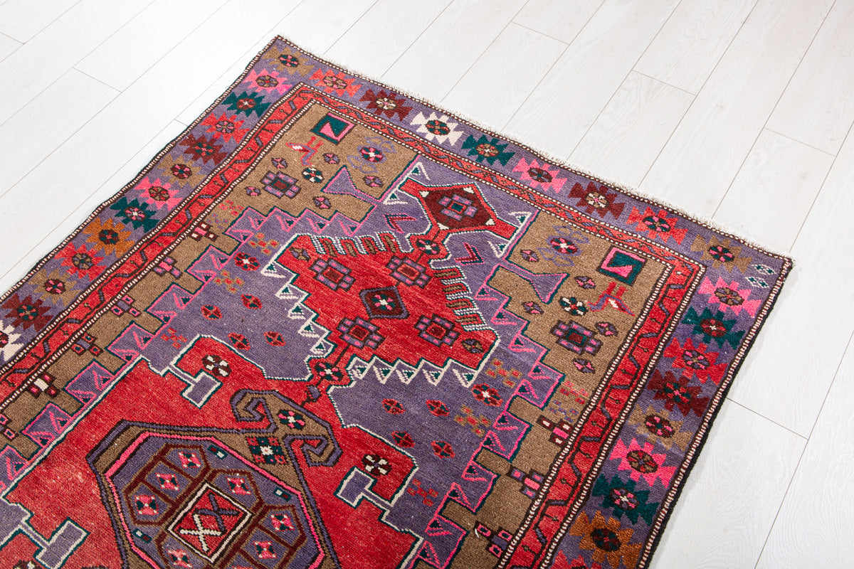 Vintage Purple, Red & Brown Hand-Knotted Wool Rug – 6' 5" x 3' 10" (196 x 116 cm)