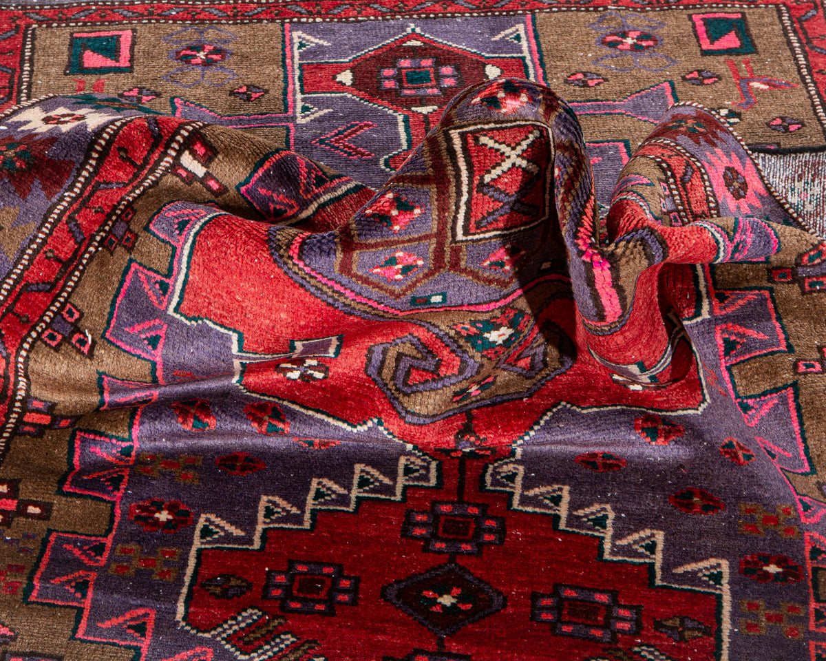 Vintage Purple, Red & Brown Hand-Knotted Wool Rug – 6' 5" x 3' 10" (196 x 116 cm)