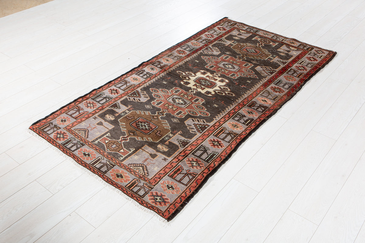 Vintage Charcoal Black & Blue Hand-Knotted Wool Rug – 6' 7" x 3' 4" (201 x 101 cm)