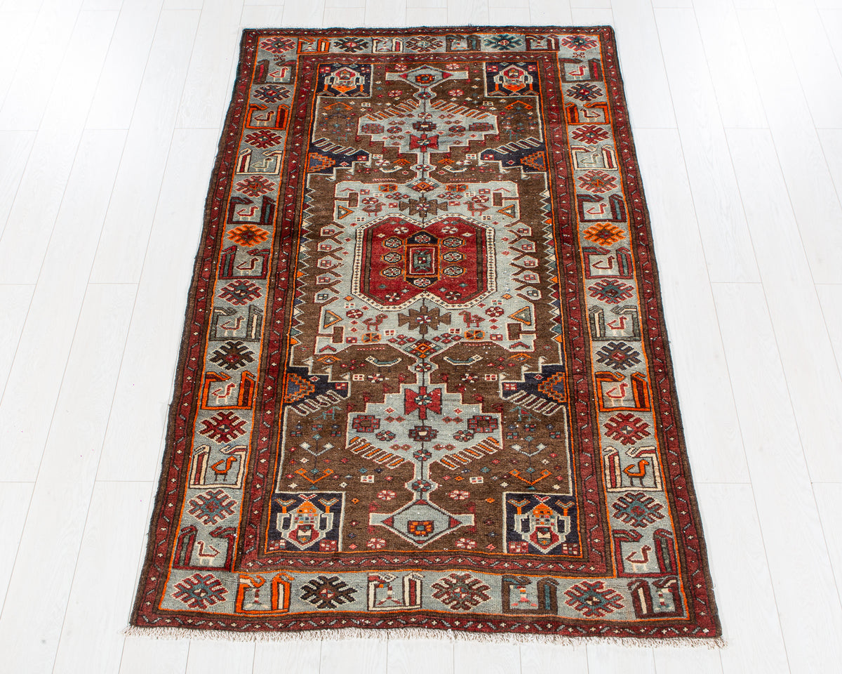 Vintage Brown & Turquoise Blue Hand-Knotted Wool Rug – 6' 9" x 4' 4" (205 x 131 cm)