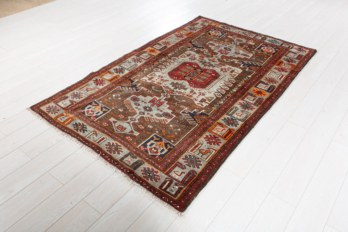 Vintage Brown & Turquoise Blue Hand-Knotted Wool Rug – 6' 9" x 4' 4" (205 x 131 cm)