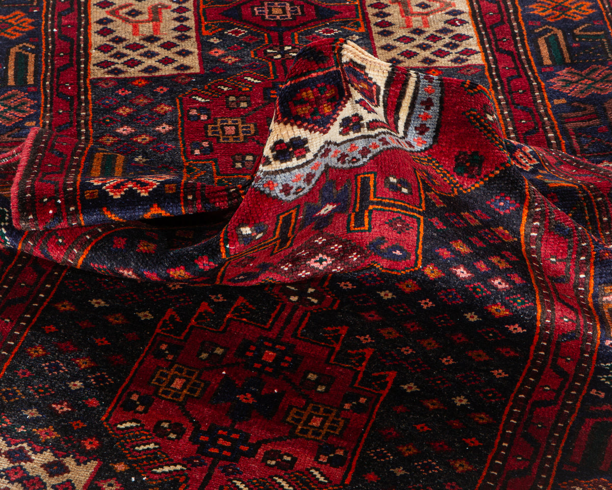 Vintage Navy Blue & Red Hand-Knotted Wool Rug – 7' 3" x 3' 6" (221 x 107 cm)