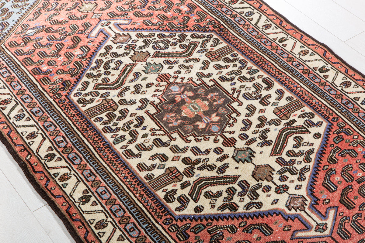 Vintage Bright Red & Blue Hand-Knotted Wool Rug – 6' 11" x 3' 5" (210 x 104 cm)