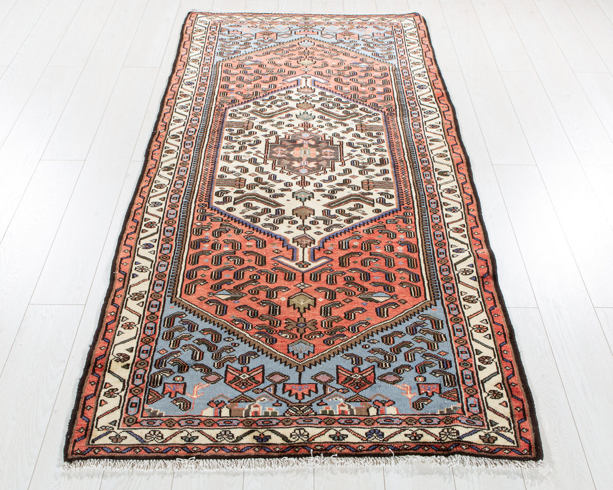 Vintage Bright Red & Blue Hand-Knotted Wool Rug – 6' 11" x 3' 5" (210 x 104 cm)