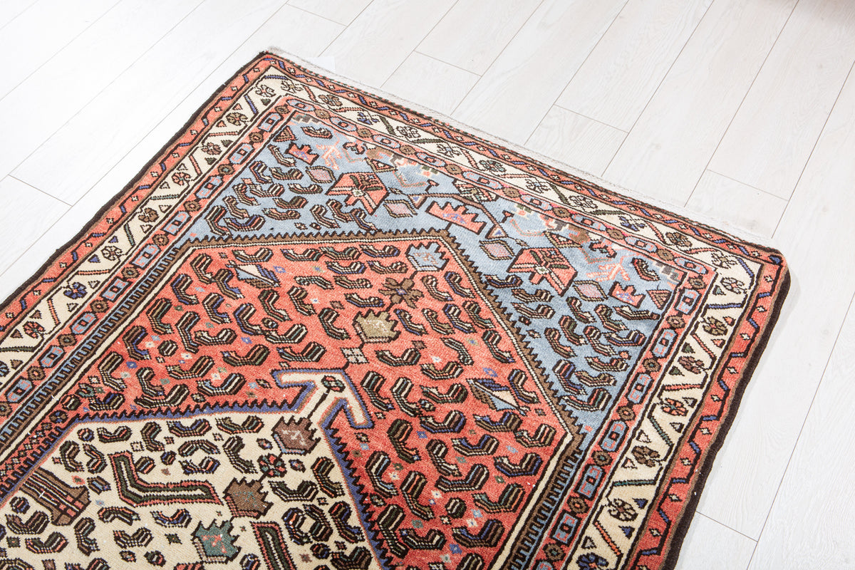Vintage Bright Red & Blue Hand-Knotted Wool Rug – 6' 11" x 3' 5" (210 x 104 cm)