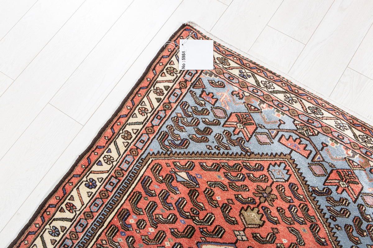 Vintage Bright Red & Blue Hand-Knotted Wool Rug – 6' 11" x 3' 5" (210 x 104 cm)