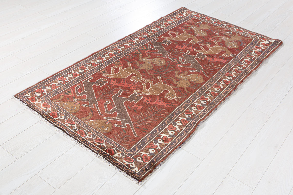 Vintage Rust Red & Brown Hand-Knotted Wool Rug – 6' 5" x 3' 5" (196 x 103 cm)