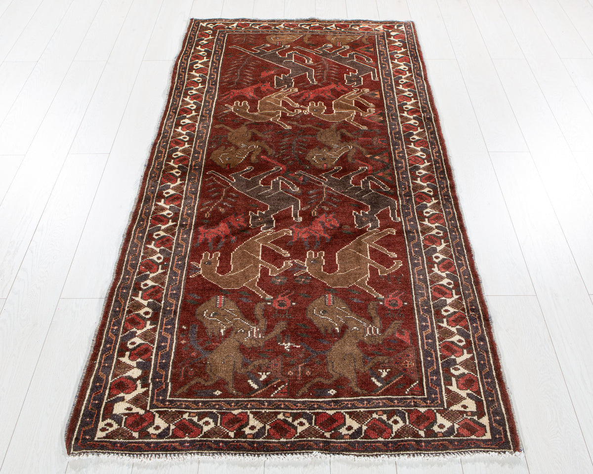 Vintage Rust Red & Brown Hand-Knotted Wool Rug – 6' 5" x 3' 5" (196 x 103 cm)
