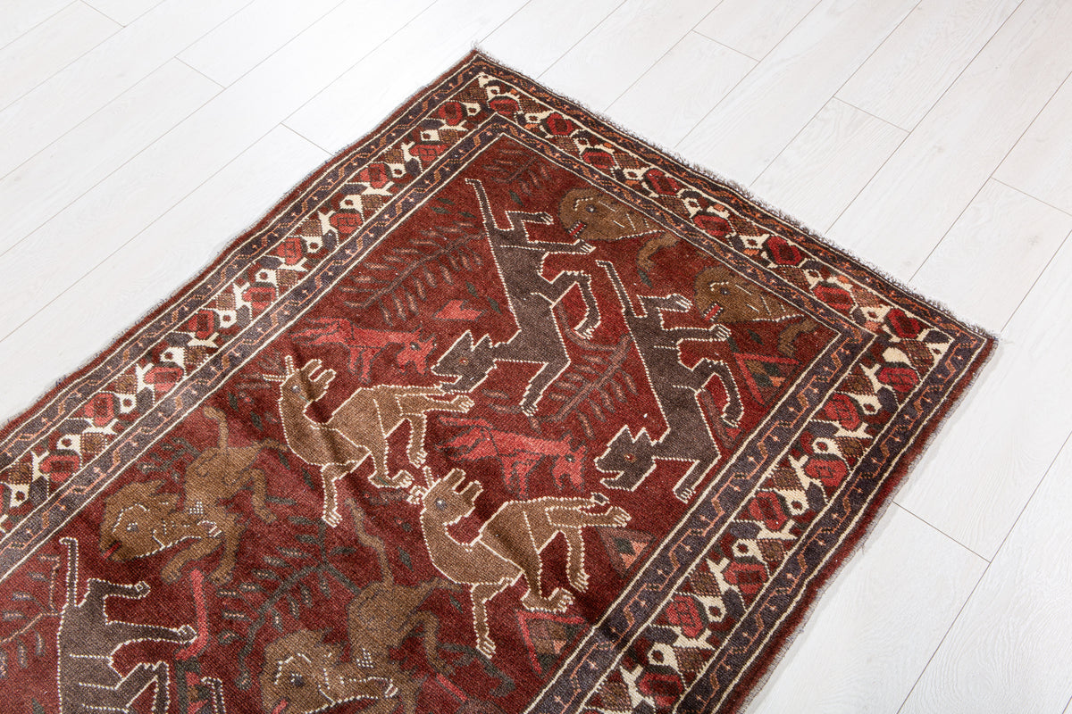 Vintage Rust Red & Brown Hand-Knotted Wool Rug – 6' 5" x 3' 5" (196 x 103 cm)
