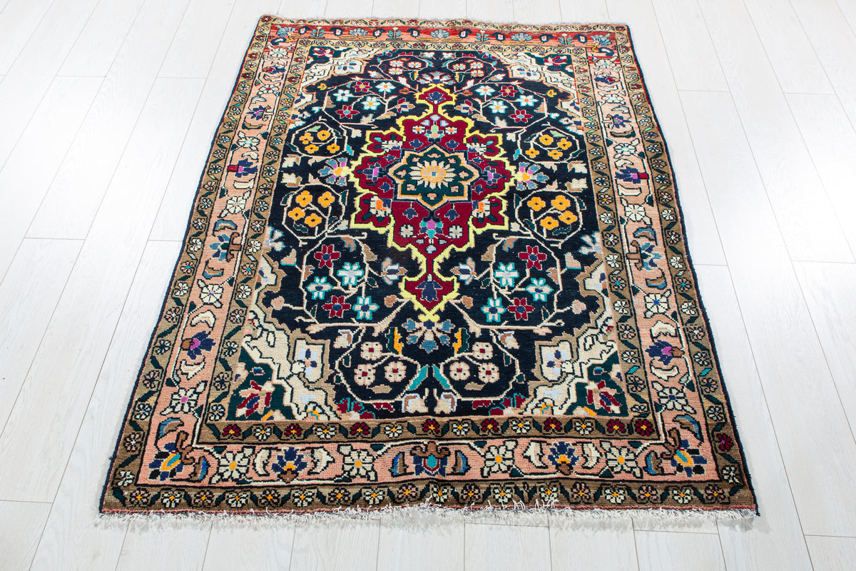 Vintage Navy Blue & Yellow Hand-Knotted Wool Rug – 4' 11" x 3' 9" (149 x 115 cm)